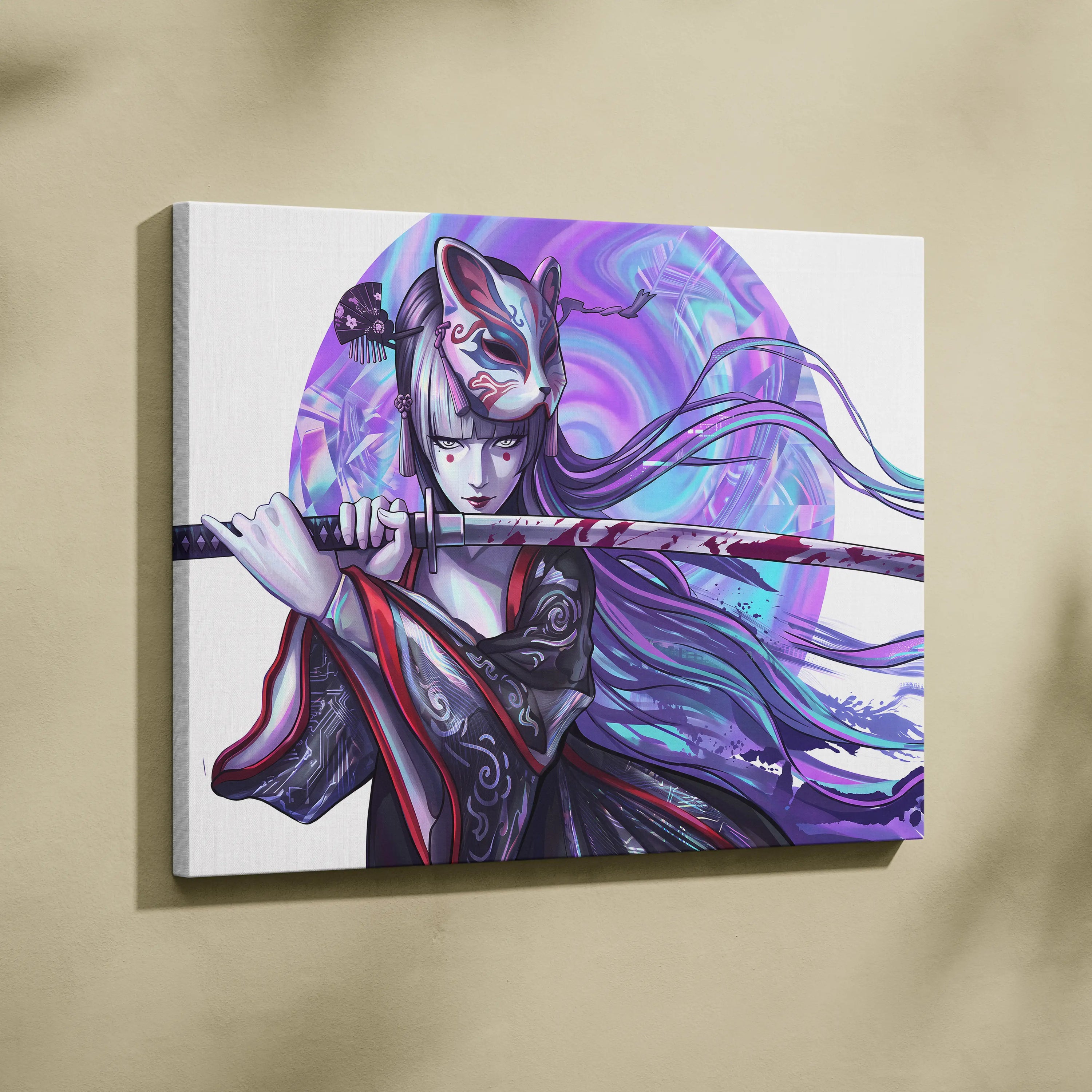 Neon Katana Geisha Vaporwave Canvas - Geisha Figure Neon Purple Blue Vaporwave Mood Mystical Decor Canvas Print