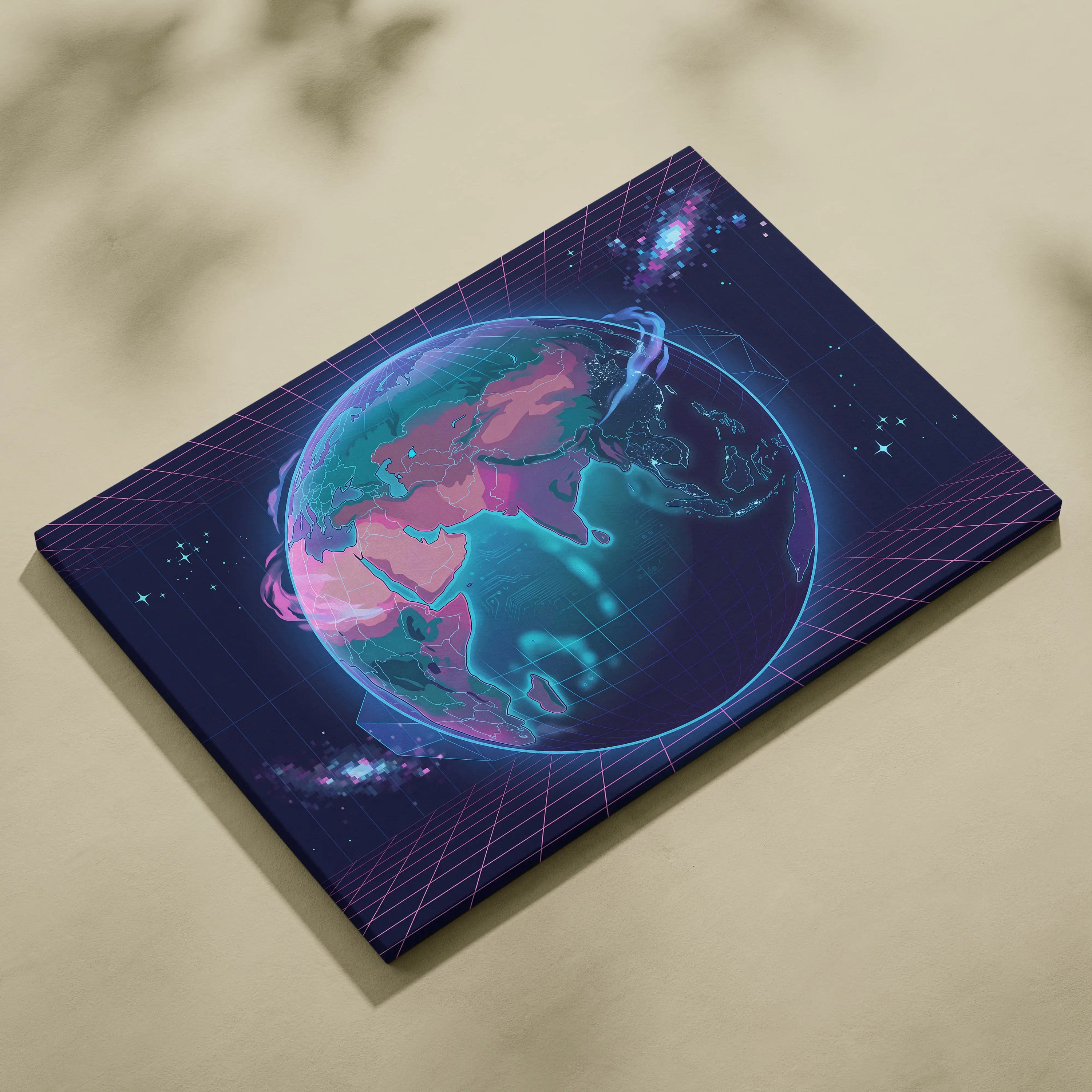 Neon Globe Vaporwave Canvas - Globe Pink Blue Wall Art Vaporwave, Dreamy Mood, Cyberpunk Neon Decor, Canvas Print