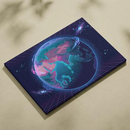 Neon Globe Vaporwave Canvas - Globe Pink Blue Wall Art Vaporwave, Dreamy Mood, Cyberpunk Neon Decor, Canvas Print