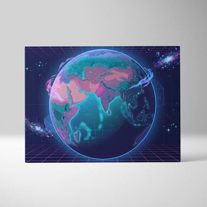 Neon Globe Vaporwave Canvas - Globe Pink Blue Wall Art Vaporwave, Dreamy Mood, Cyberpunk Neon Decor, Canvas Print