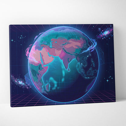 Neon Globe Vaporwave Canvas - Globe Pink Blue Wall Art Vaporwave, Dreamy Mood, Cyberpunk Neon Decor, Canvas Print