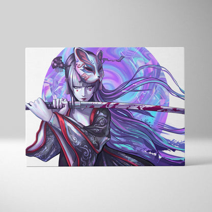 Neon Katana Geisha Vaporwave Canvas - Geisha Figure Neon Purple Blue Vaporwave Mood Mystical Decor Canvas Print