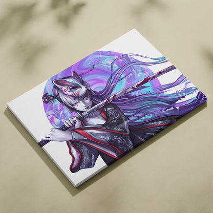 Neon Katana Geisha Vaporwave Canvas - Geisha Figure Neon Purple Blue Vaporwave Mood Mystical Decor Canvas Print