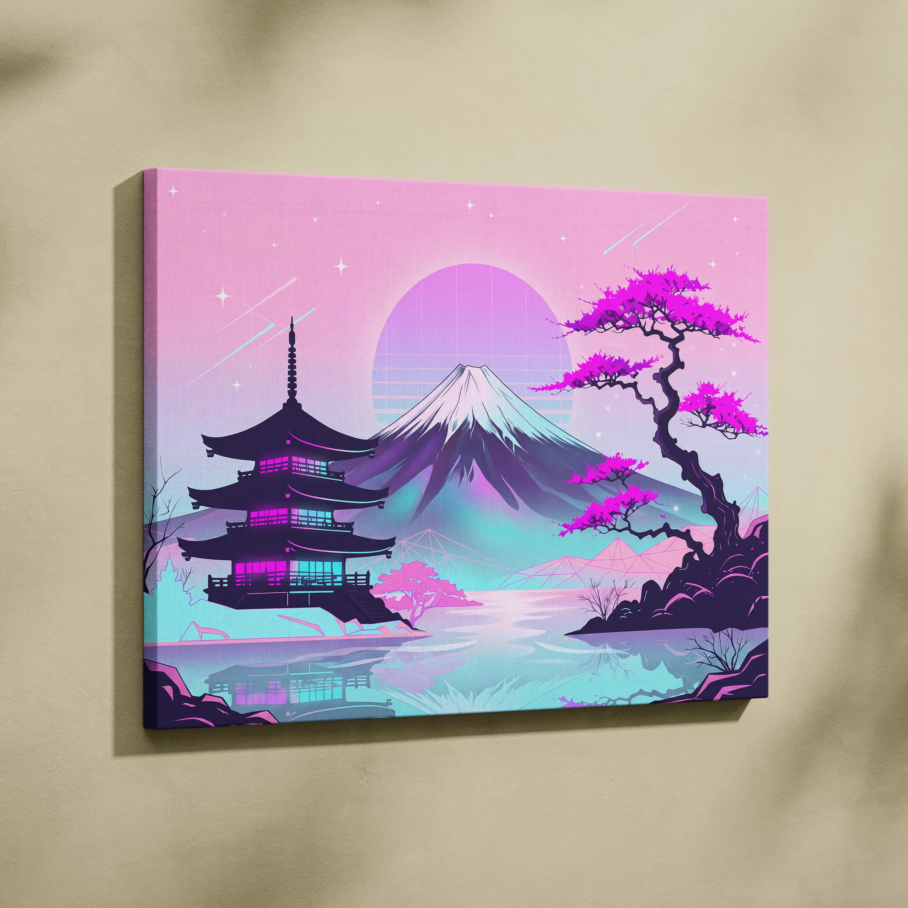 Neon Fuji Vaporwave Canvas - Mount Fuji Vaporwave Pastel Pink Purple Living Room Retro Dreamy Mood Canvas Print