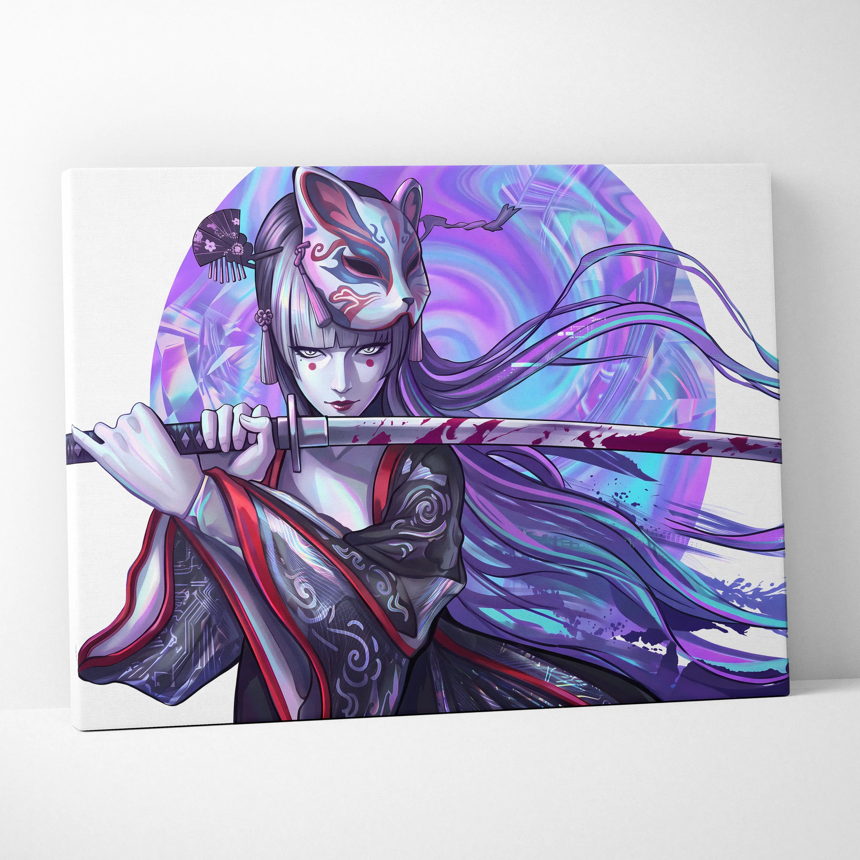 Neon Katana Geisha Vaporwave Canvas - Geisha Figure Neon Purple Blue Vaporwave Mood Mystical Decor Canvas Print