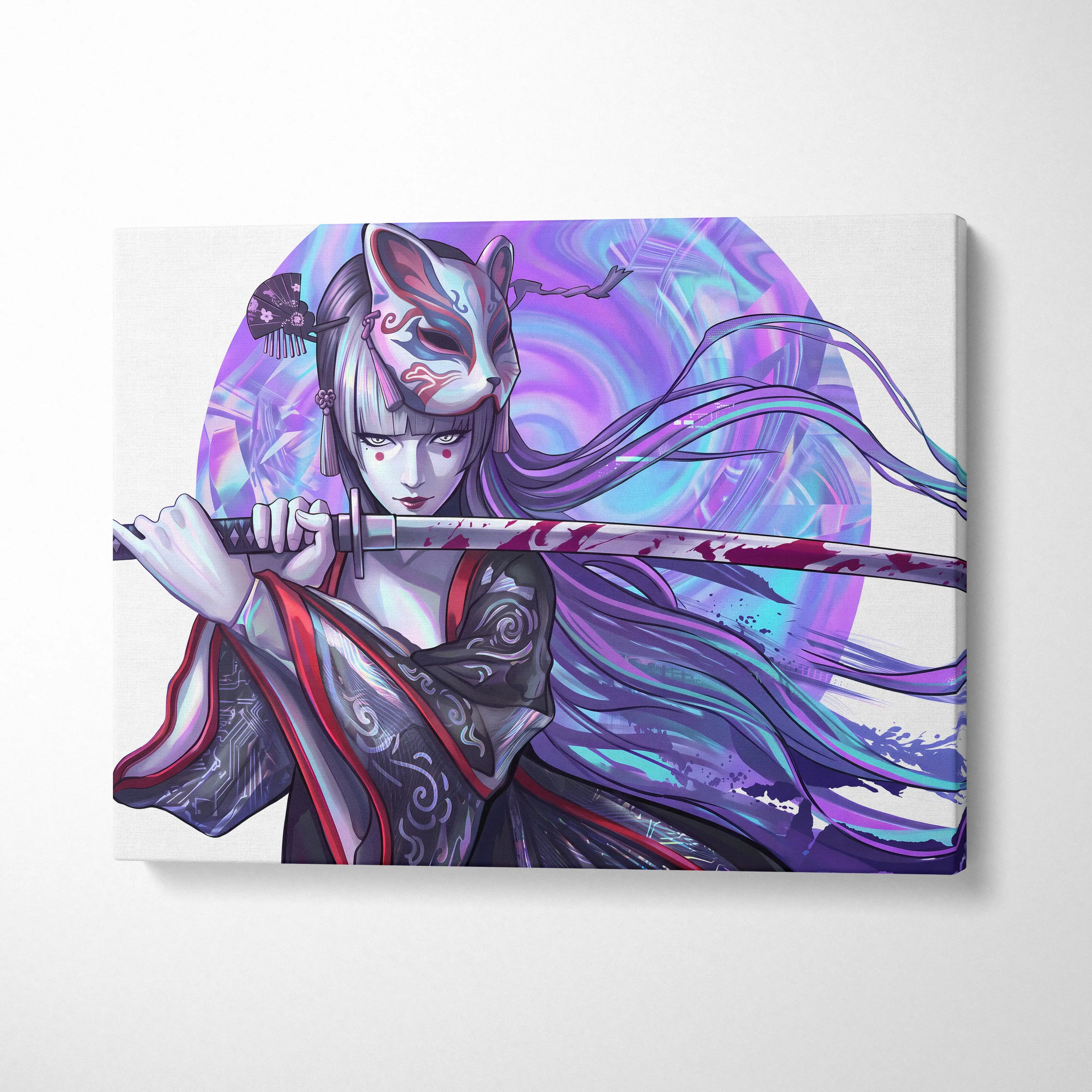 Neon Katana Geisha Vaporwave Canvas - Geisha Figure Neon Purple Blue Vaporwave Mood Mystical Decor Canvas Print
