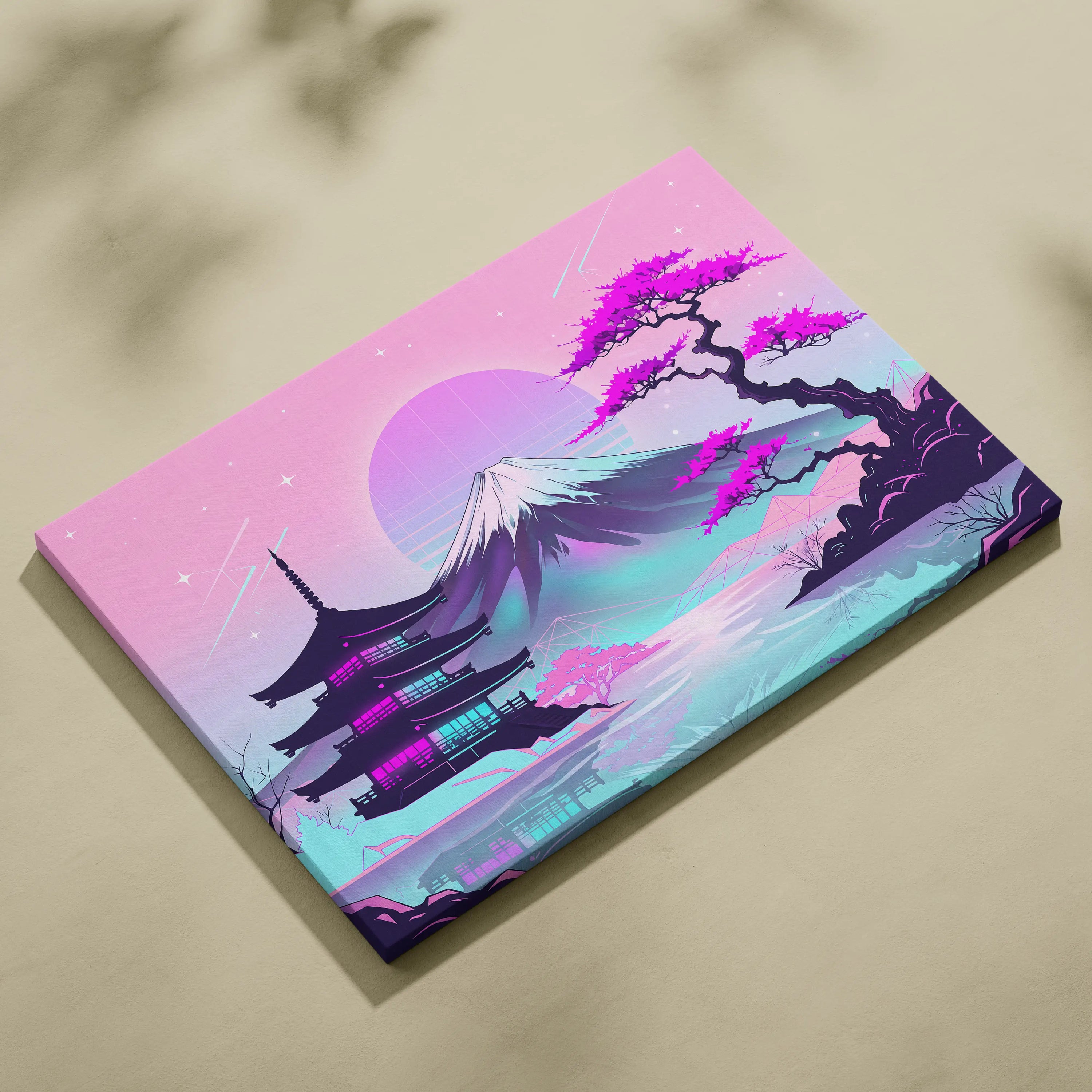 Neon Fuji Vaporwave Canvas - Mount Fuji Vaporwave Pastel Pink Purple Living Room Retro Dreamy Mood Canvas Print