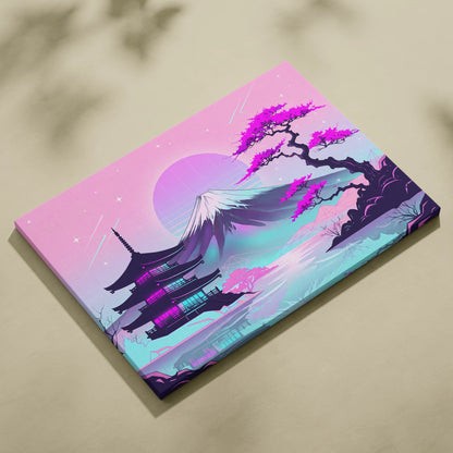 Neon Fuji Vaporwave Canvas - Mount Fuji Vaporwave Pastel Pink Purple Living Room Retro Dreamy Mood Canvas Print