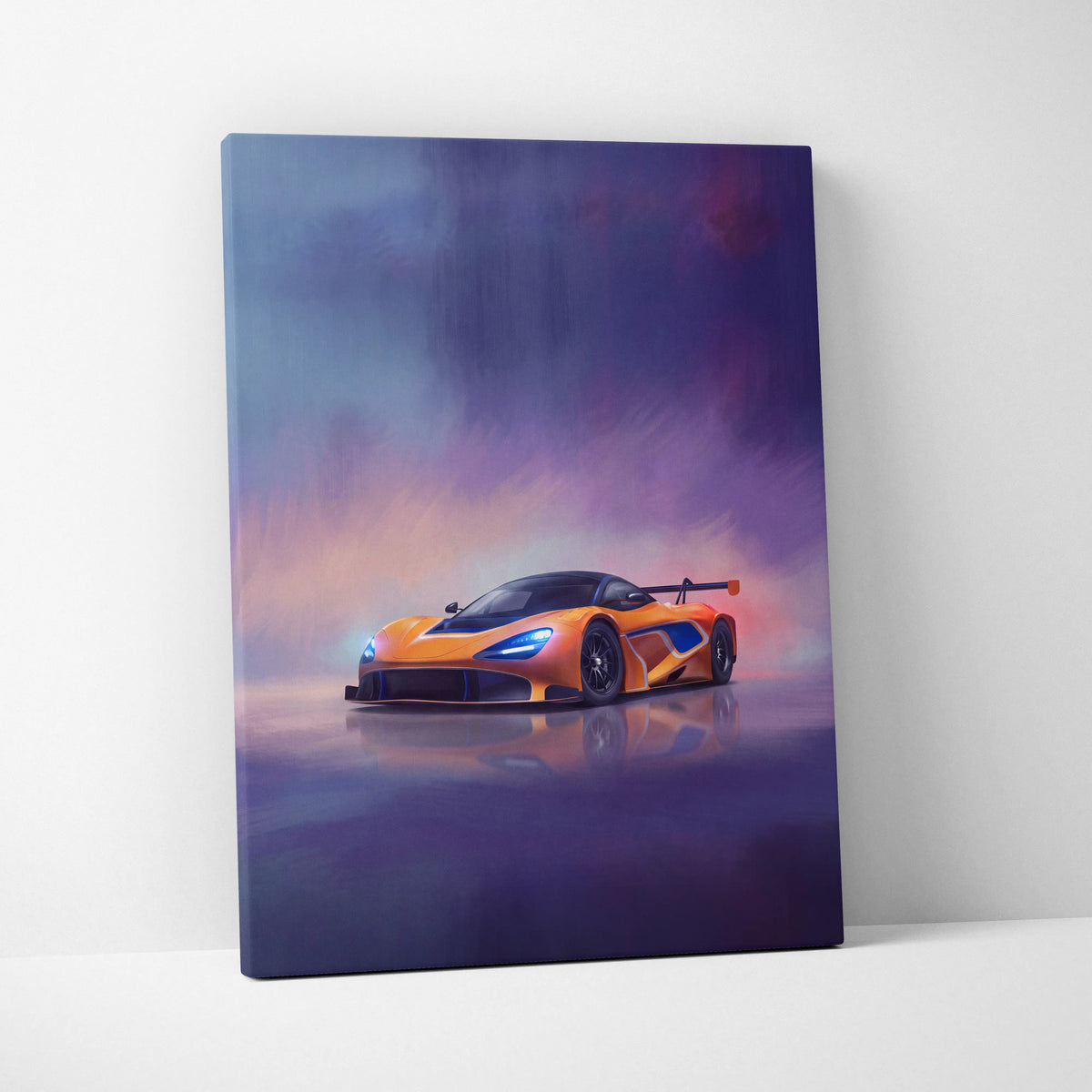 Mclaren 720s gt3 inspired canvas art featuring a vibrant orange supercar with blue accents on premium wall decor