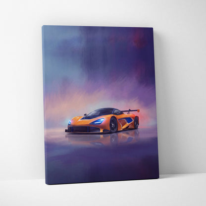 Mclaren 720s gt3 inspired canvas art featuring a vibrant orange supercar with blue accents on premium wall decor