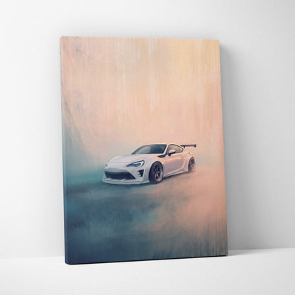 White sports car canvas print with sleek aerodynamic design black rims and rear spoiler for garage decor