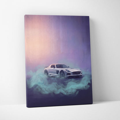 A sleek white mercedes-benz sls amg sports car painted on canvas with teal mist and purple pink sky background