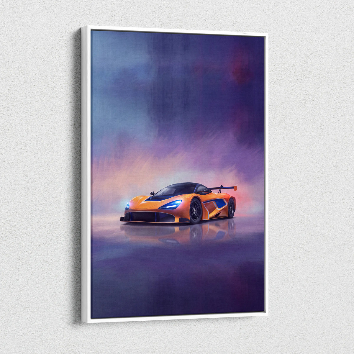 McLaren 720S GT3 inspired orange sports car with blue accents on sleek framed canvas premium wall decor