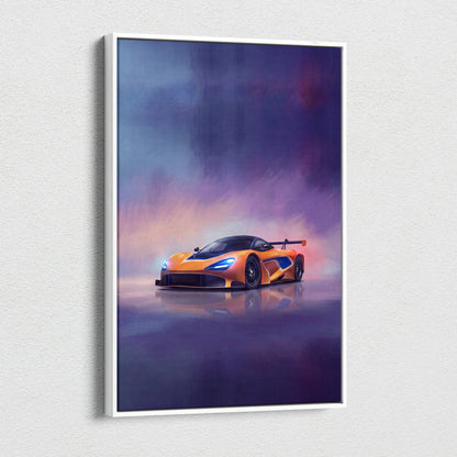 McLaren 720S GT3 inspired orange sports car with blue accents on sleek framed canvas premium wall decor