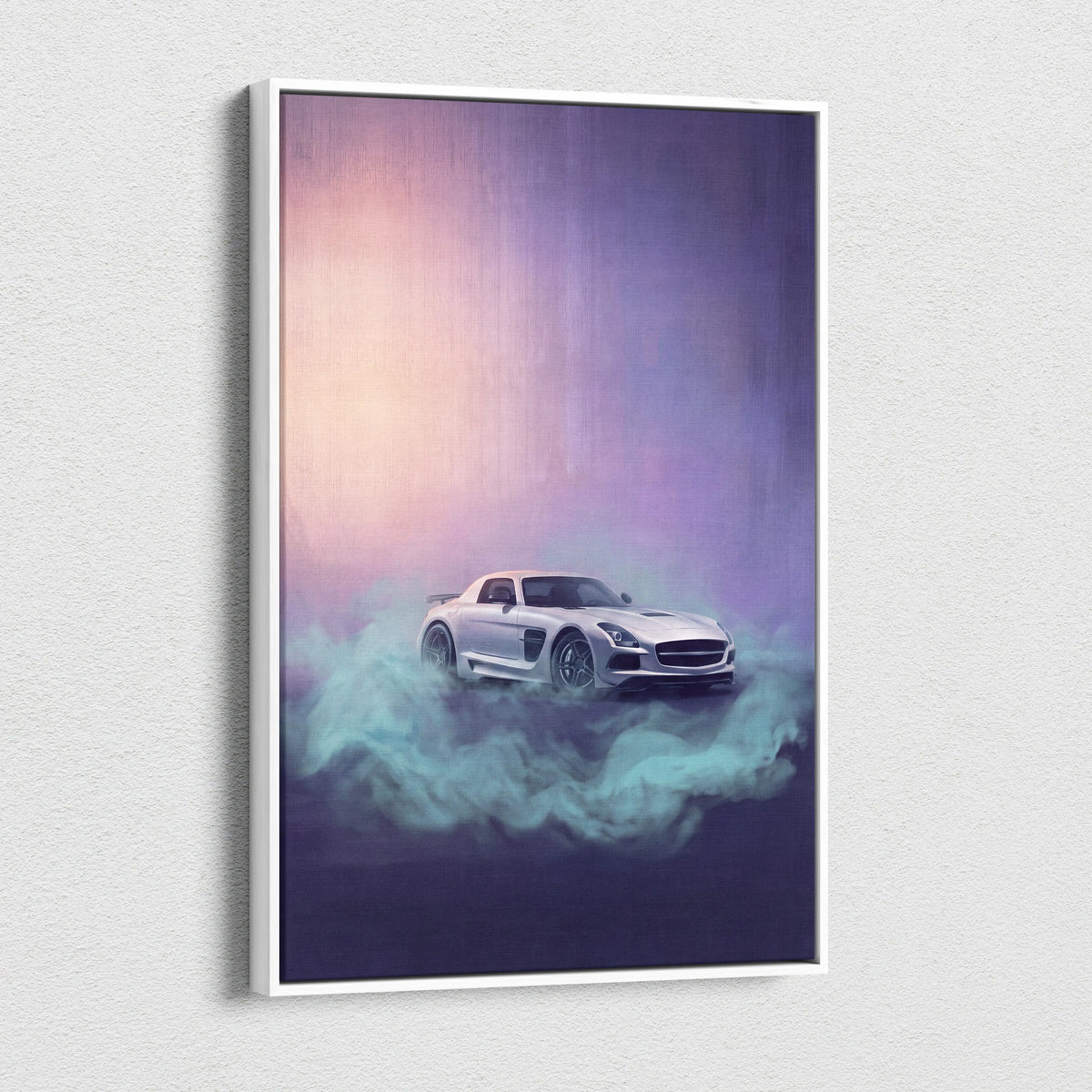 A sleek white mercedes benz sls amg sports car in a stylized painting with glowing purple and teal effects for office wall art