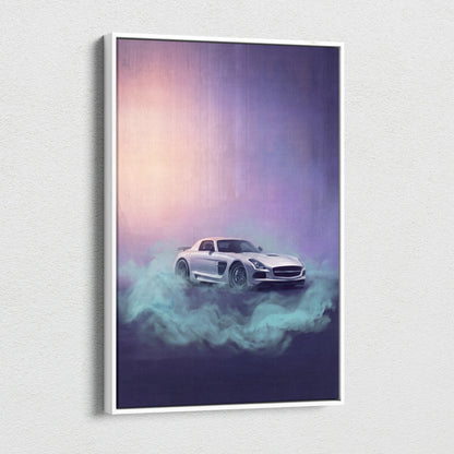 A sleek white mercedes benz sls amg sports car in a stylized painting with glowing purple and teal effects for office wall art
