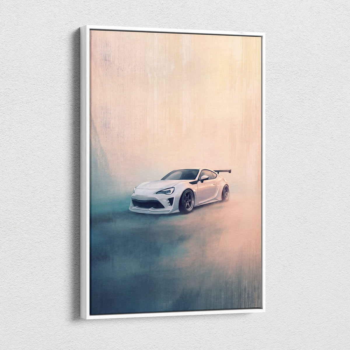 White sports car with sleek aerodynamic design in framed toyota 86 inspired canvas print for garage decor