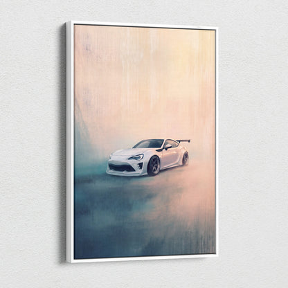 White sports car with sleek aerodynamic design in framed toyota 86 inspired canvas print for garage decor