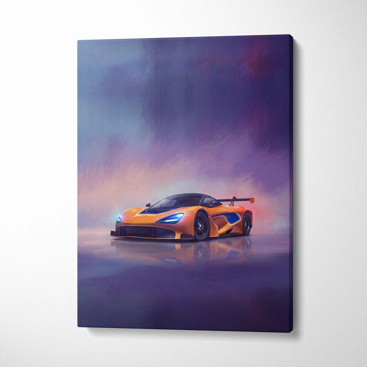 McLaren 720S GT3 inspired canvas art featuring vibrant orange McLaren Senna with glowing blue headlights and aerodynamic design