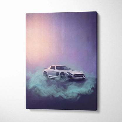 Silver Mercedes-Benz SLS AMG sports car canvas wall art with misty gradient background for office display