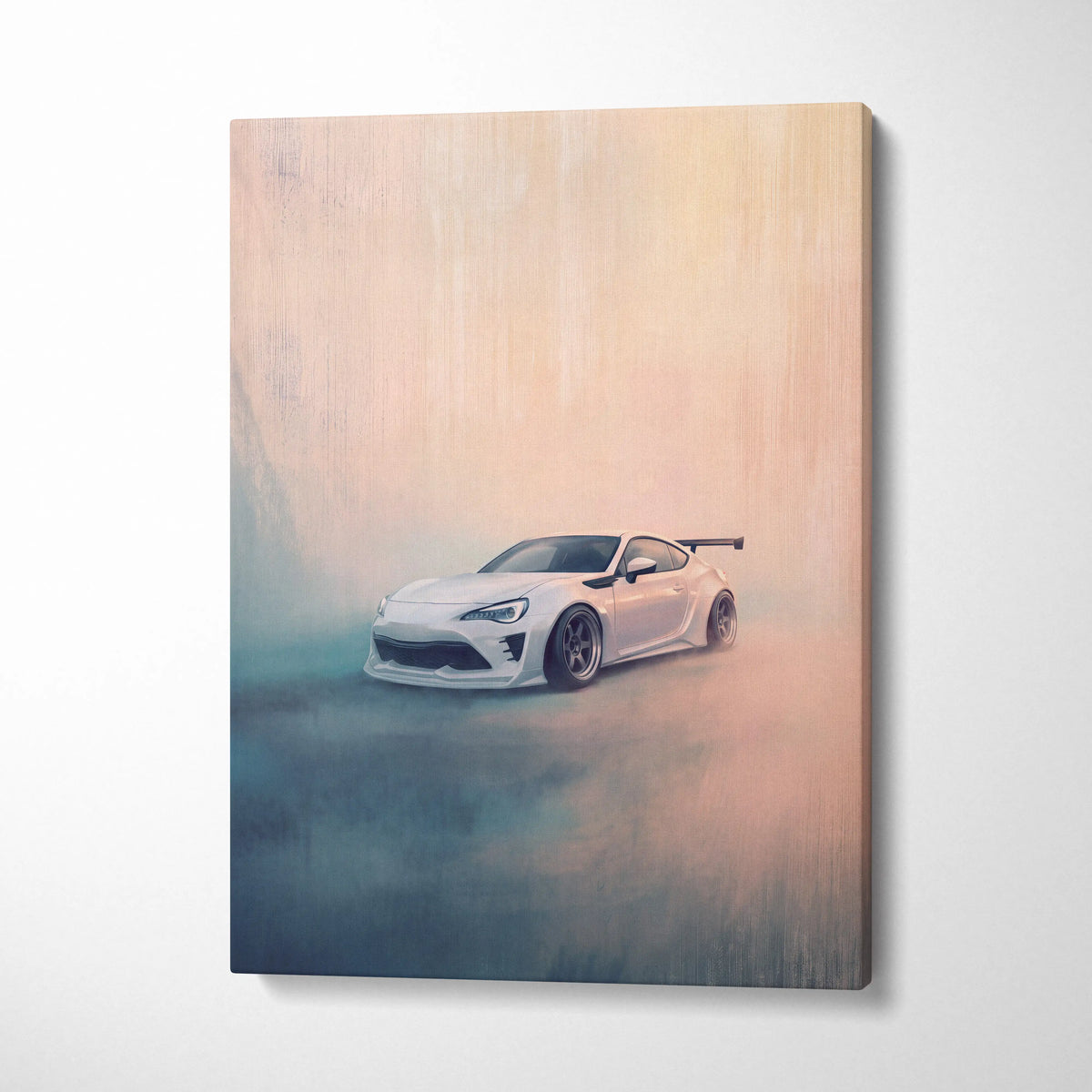 White Toyota 86 inspired sports coupe canvas print with black rims and rear spoiler for garage wall decor