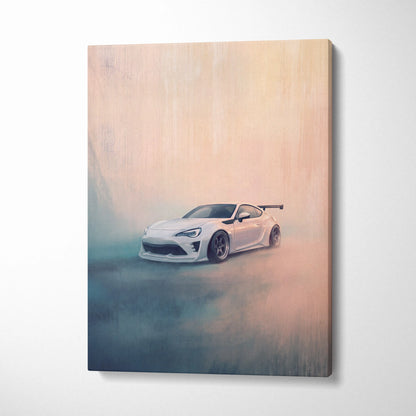 White Toyota 86 inspired sports coupe canvas print with black rims and rear spoiler for garage wall decor
