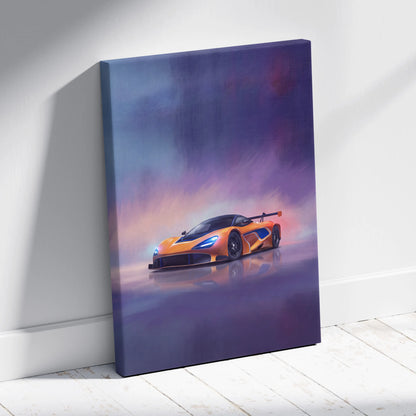 Orange McLaren 720S GT3 inspired canvas art with sleek aerodynamic design and glowing blue headlights on premium wall decor