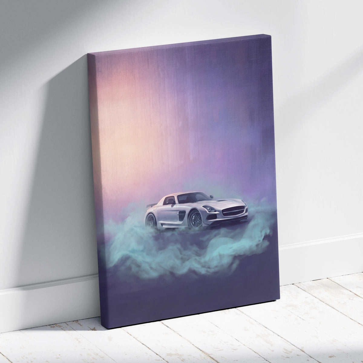 A sleek white Mercedes-Benz SLS AMG on a stretched canvas with purple pink skies for office wall art display
