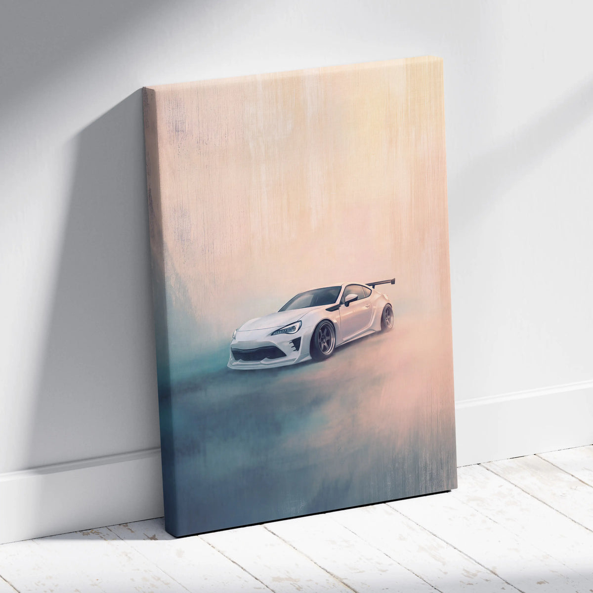 White sports car on canvas with peach and blue gradient background toyota 86 inspired wall art for garage decor