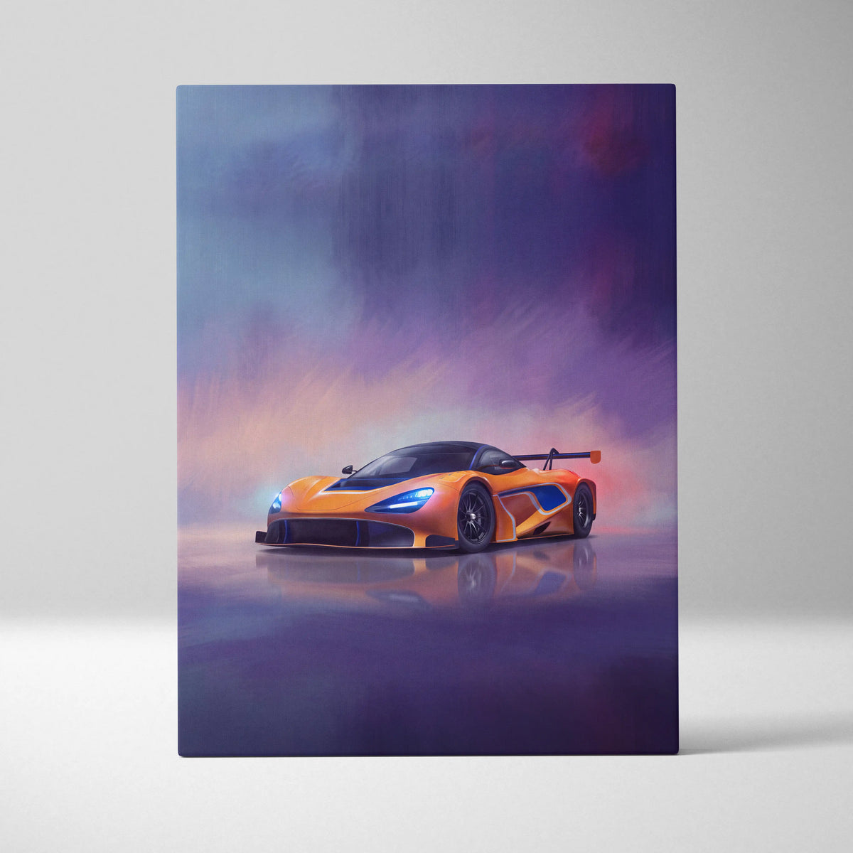 Premium canvas art featuring a vibrant orange mclaren senna with glowing blue headlights and sleek aerodynamic design