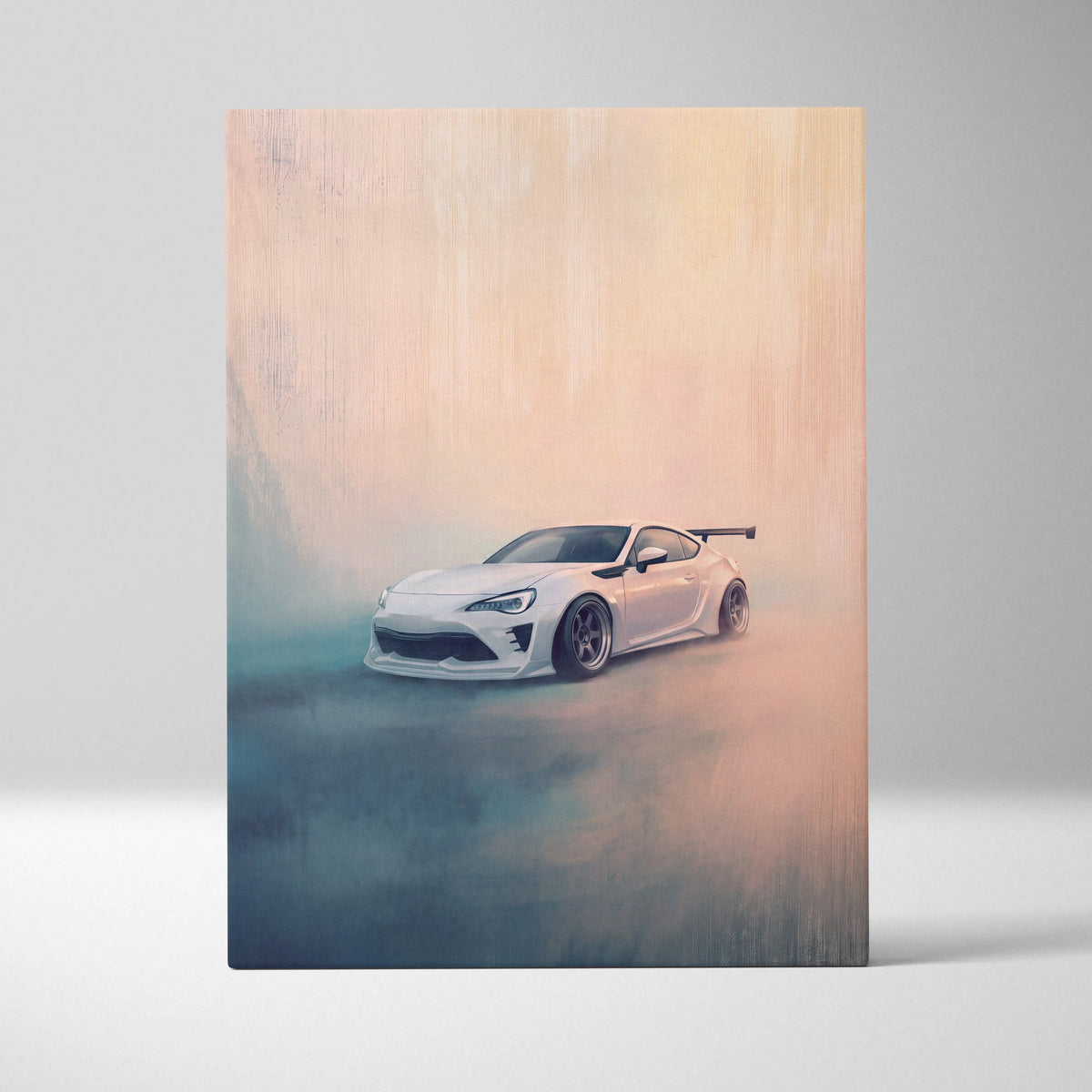 White sports car illustration on wooden canvas toyota 86 inspired japanese sports coupe wall art for garage decor