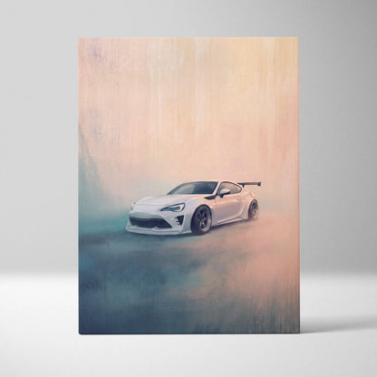 White sports car illustration on wooden canvas toyota 86 inspired japanese sports coupe wall art for garage decor
