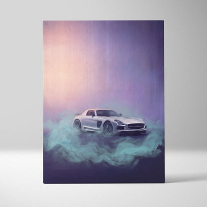 A sleek white Mercedes SLS AMG sports car painted with glowing purple pink skies and swirling teal smoke wall art