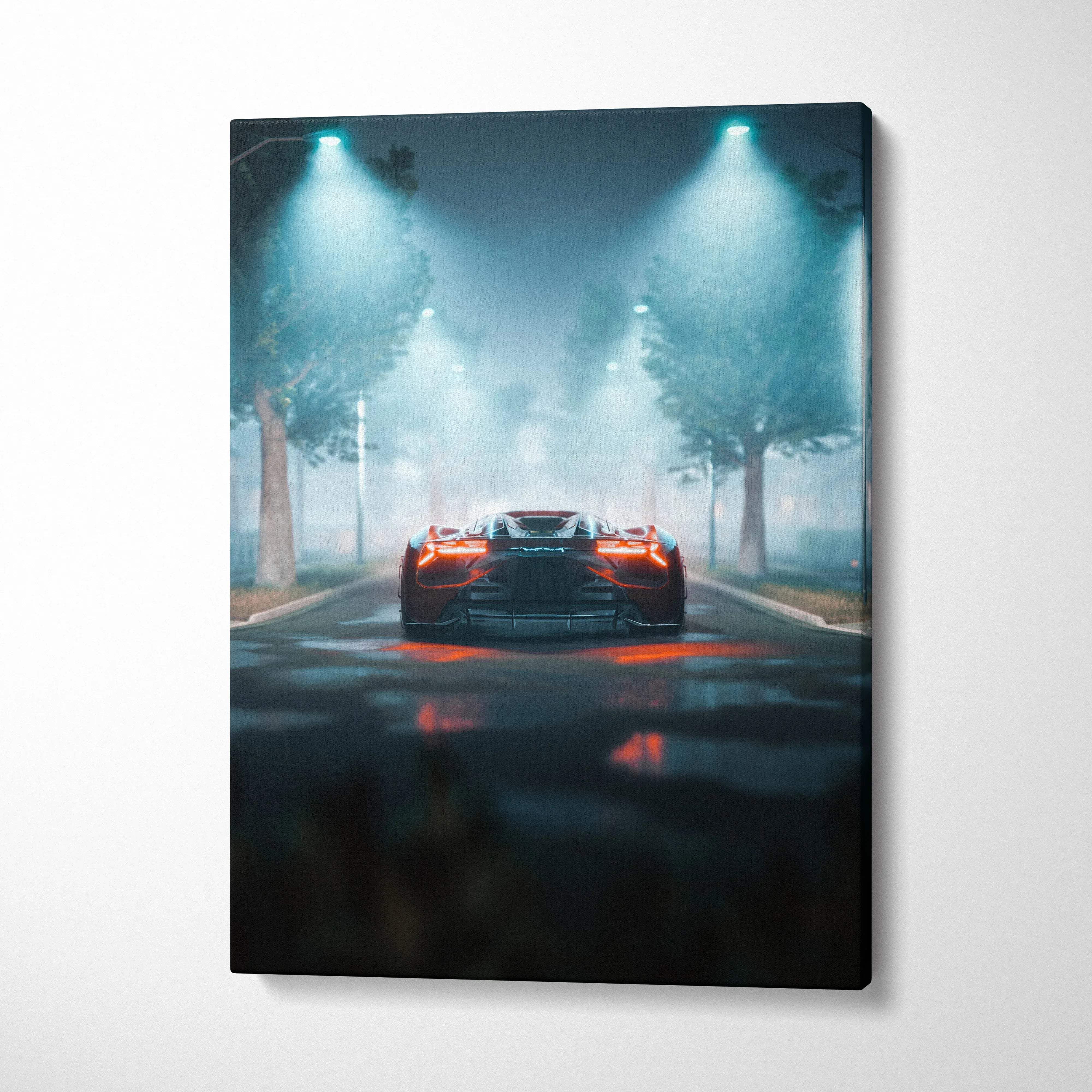 Futuristic orange supercar on foggy night street with teal lights