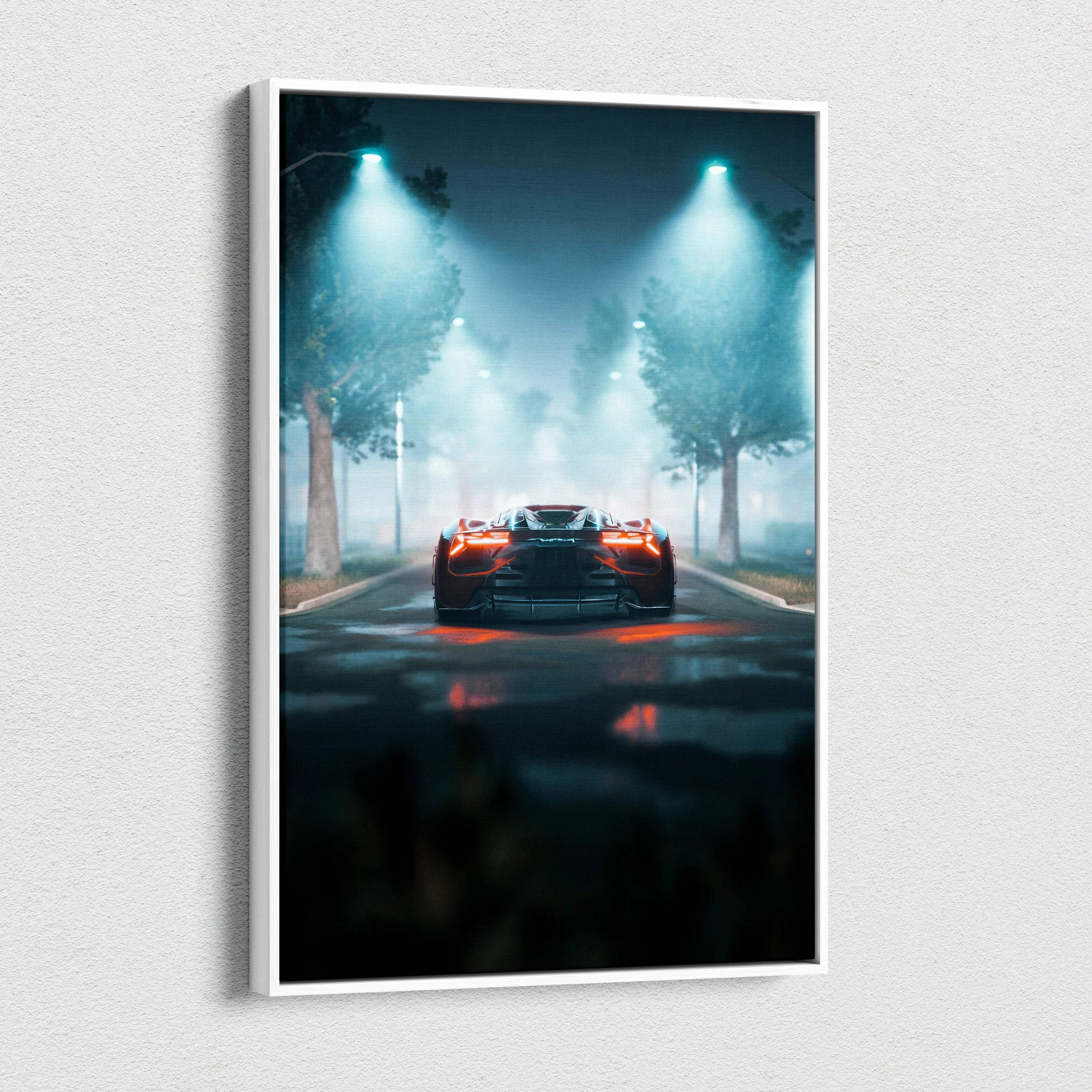 Futuristic orange supercar on foggy night street with teal lights canvas art