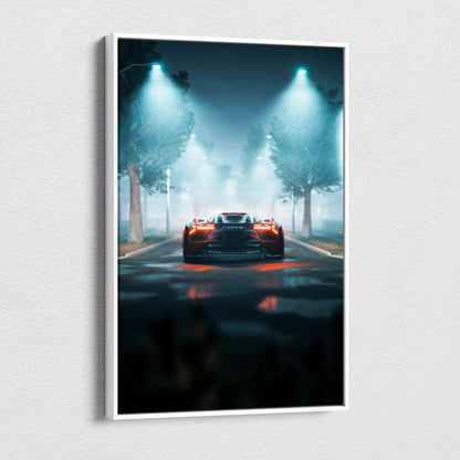 Futuristic orange supercar on foggy night street with teal lights canvas art