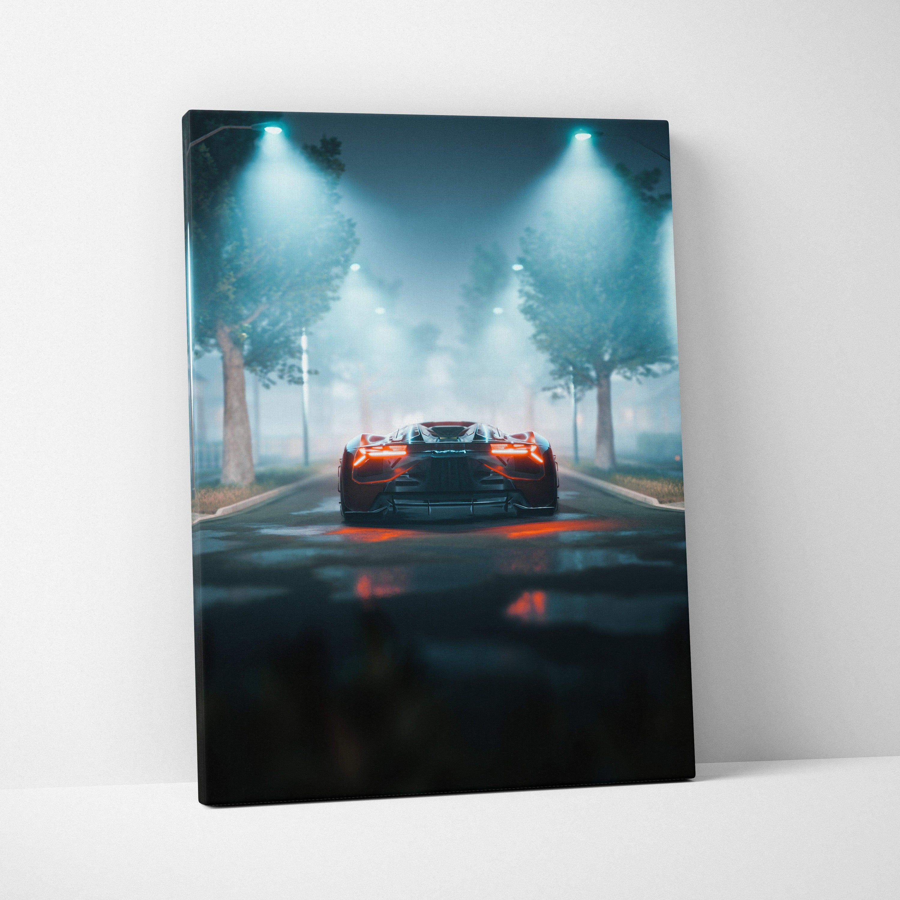 Sleek red futuristic supercar with glowing orange taillights on foggy night street under teal lights