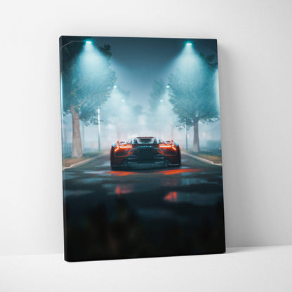 Sleek red futuristic supercar with glowing orange taillights on foggy night street under teal lights