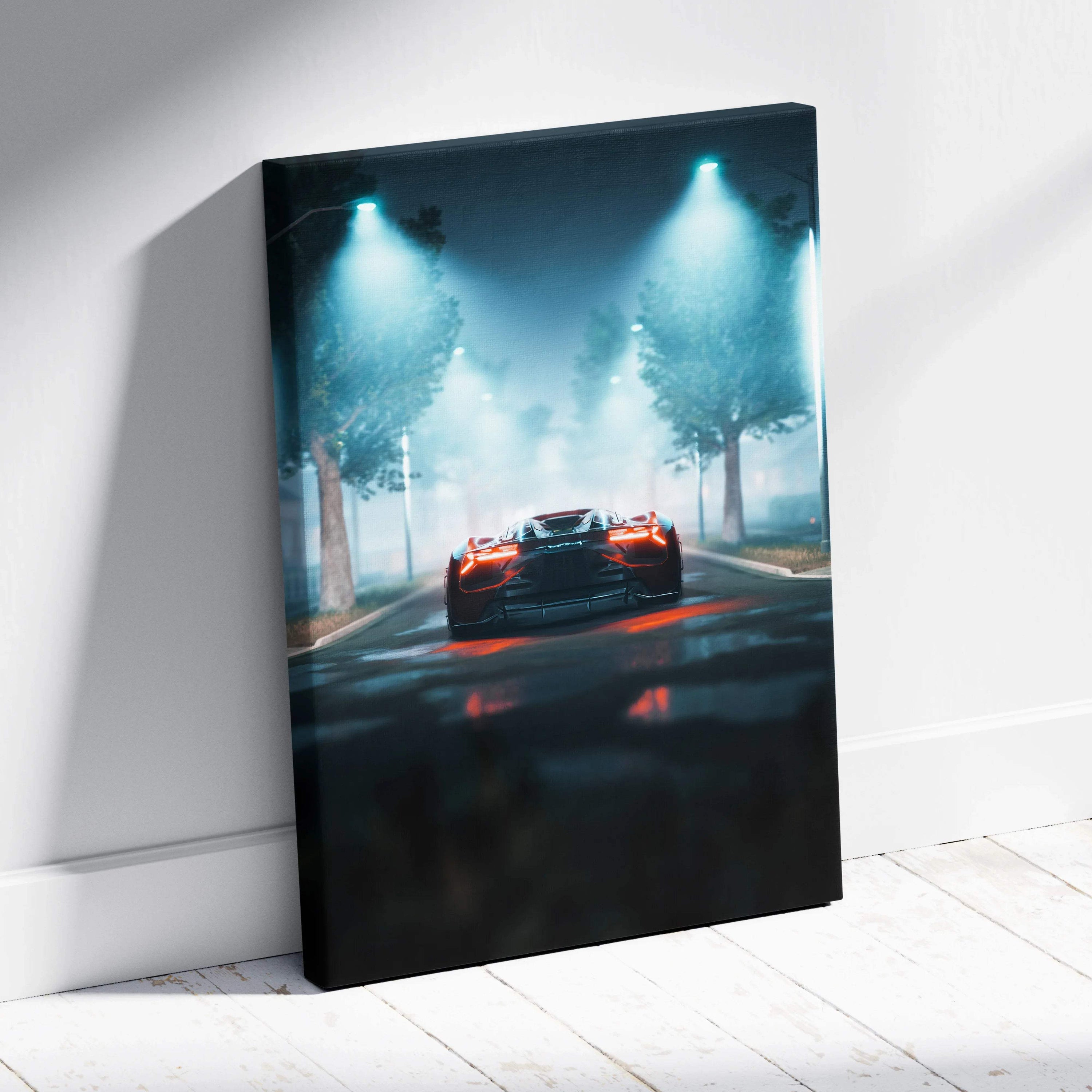 Futuristic red supercar speeding on foggy night street with teal lights canvas print