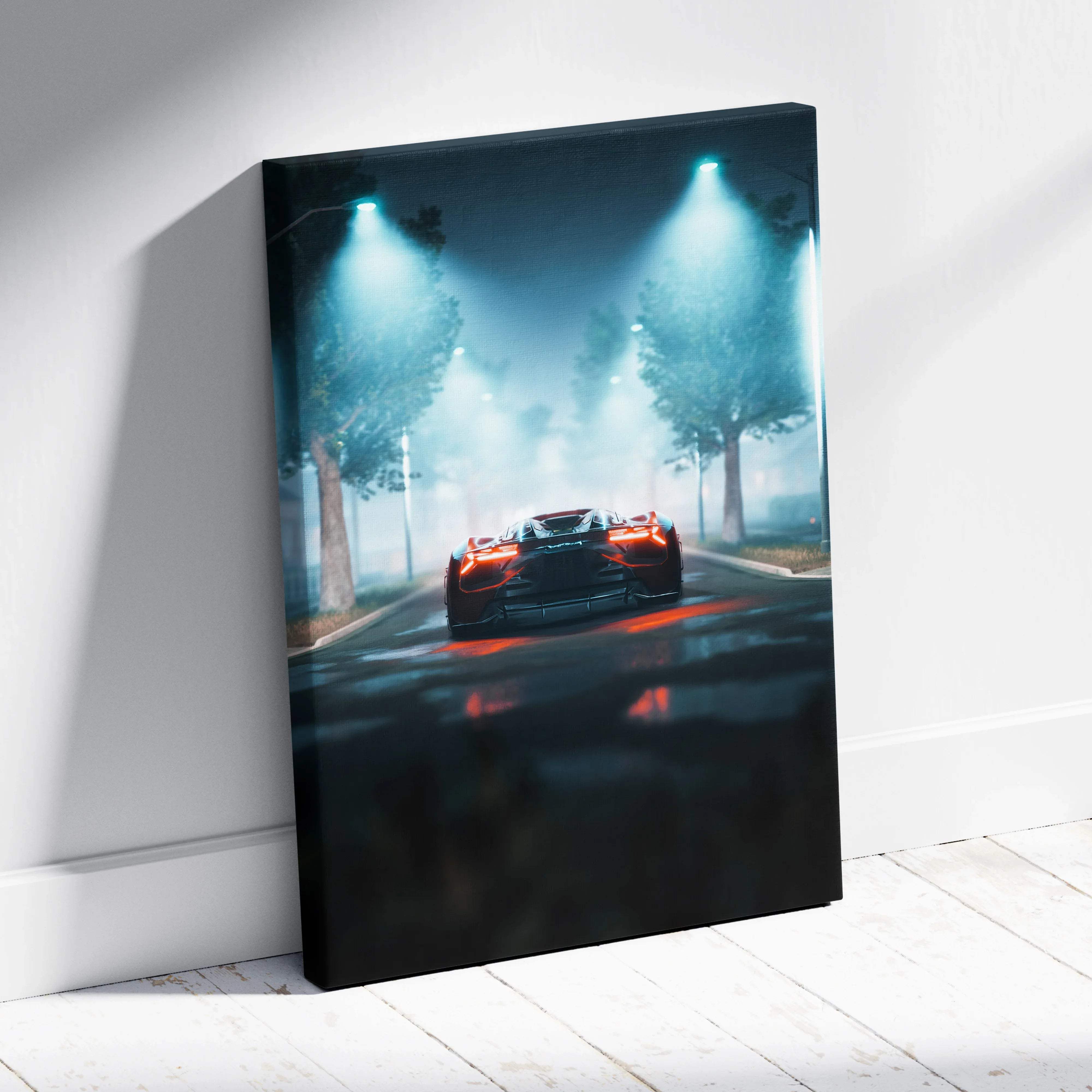 Futuristic red supercar speeding on foggy night street with teal lights canvas print