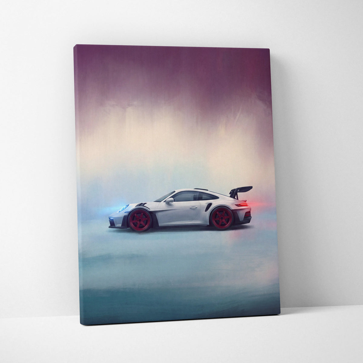 White porsche 911 gt3 rs inspired canvas art with red rims and black rear spoiler premium automotive decor