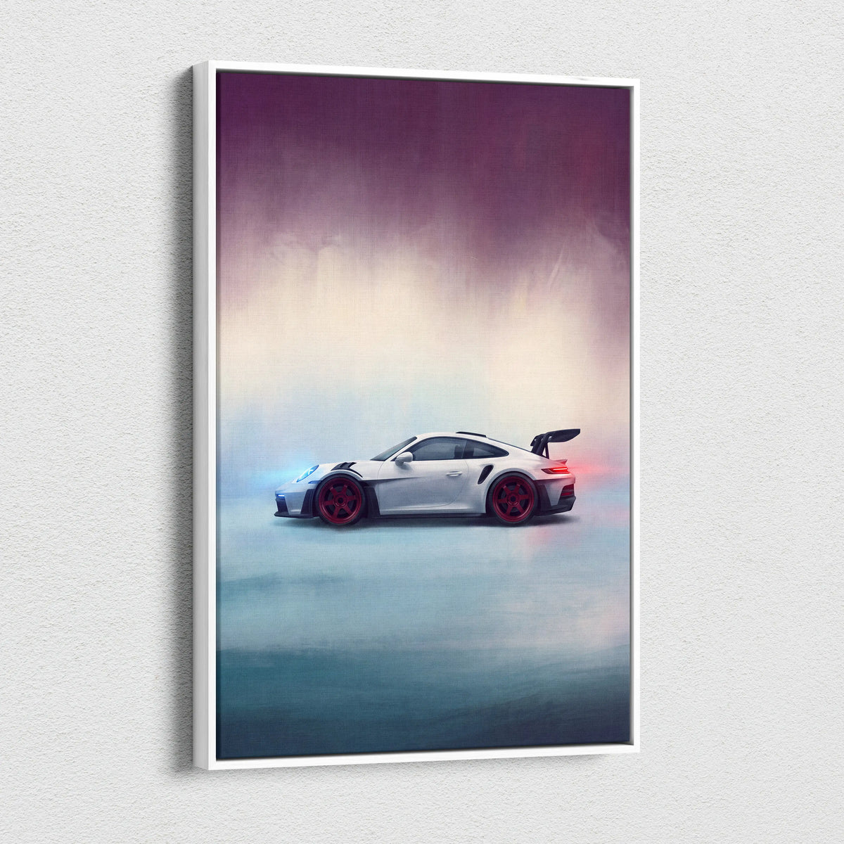 White porsche 911 gt3 rs sports car with red wheels and rear spoiler on a premium automotive canvas wall decor