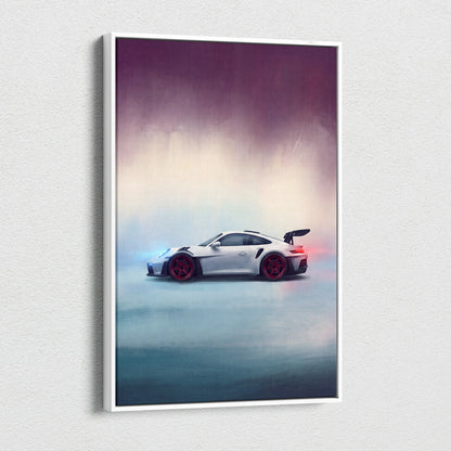 White porsche 911 gt3 rs sports car with red wheels and rear spoiler on a premium automotive canvas wall decor