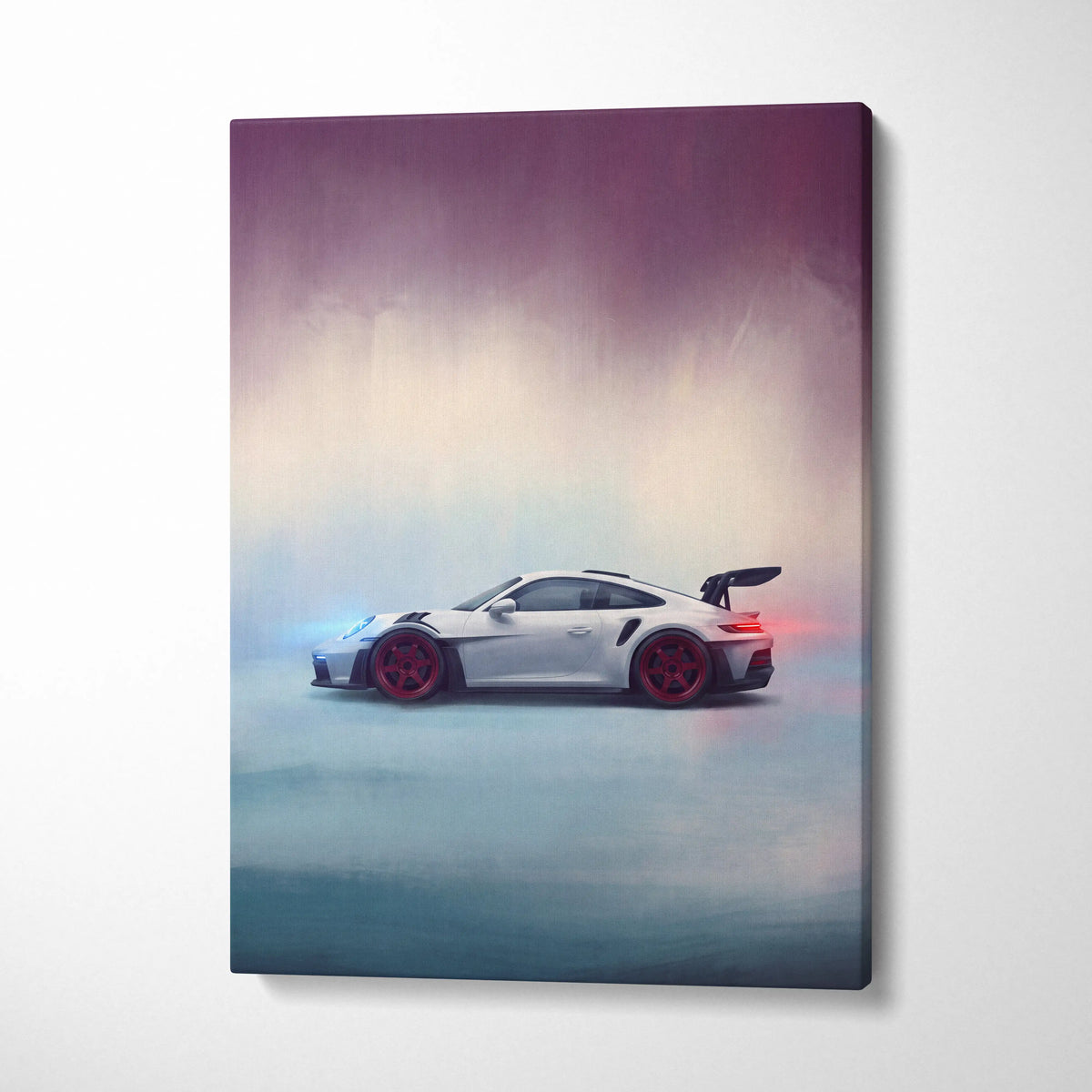 White porsche 911 gt3 rs inspired canvas art featuring red wheels and rear spoiler premium automotive wall decor