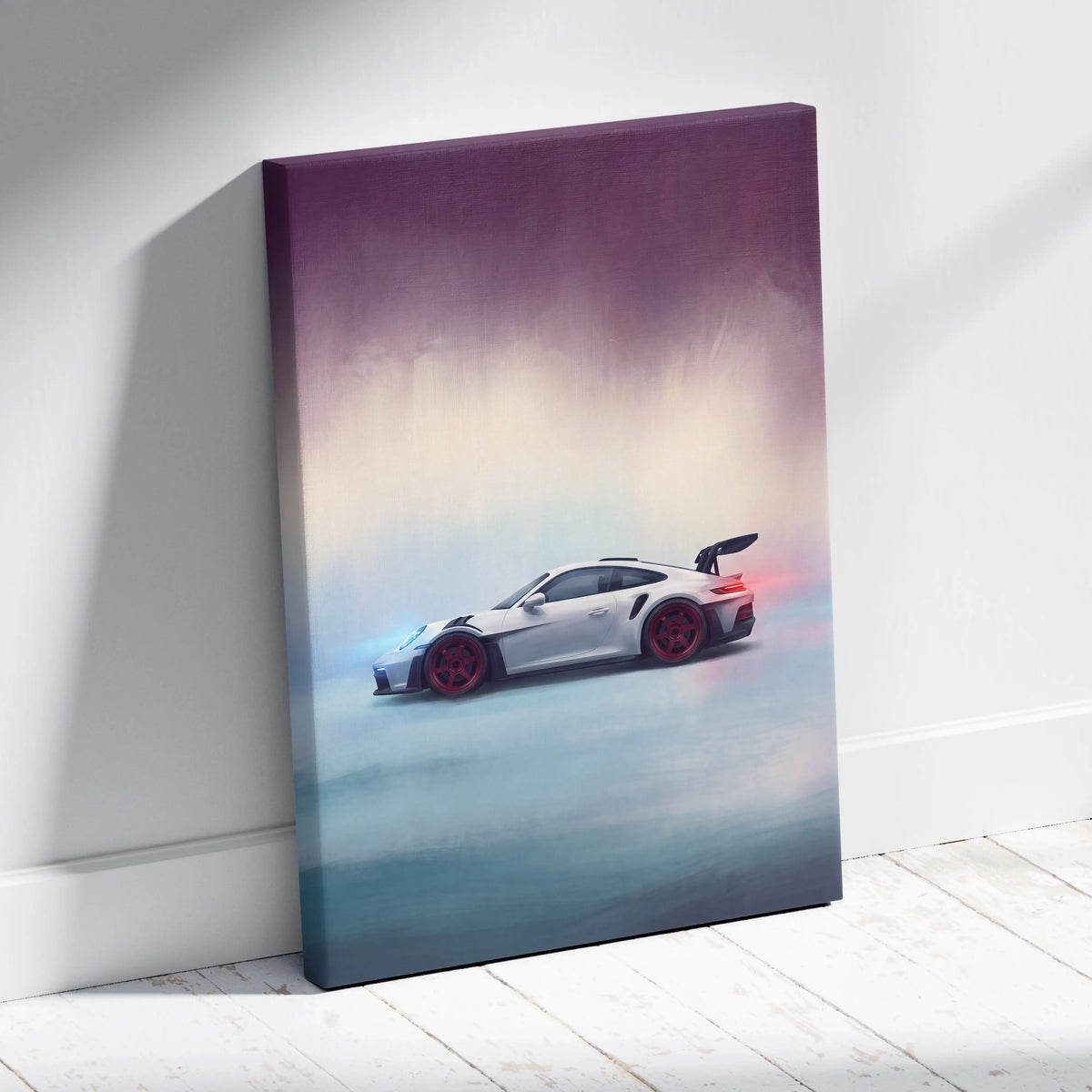 White Porsche 911 GT3 RS inspired canvas art with red rims and black rear spoiler premium automotive wall decor