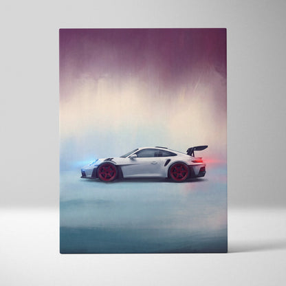 White porsche 911 gt3 rs inspired canvas art with red wheels and rear spoiler against gradient sky background