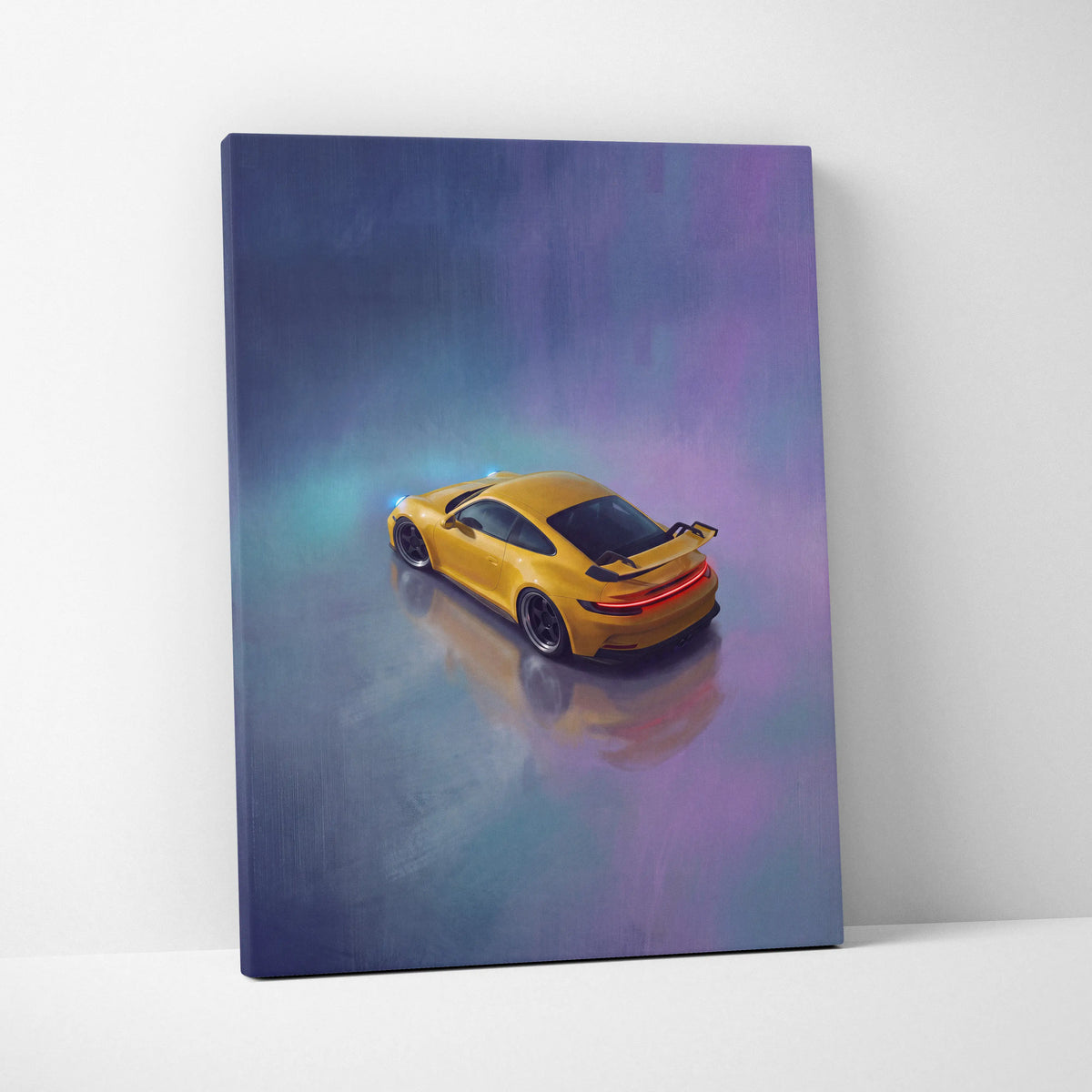 Porsche 911 GT3 inspired vibrant yellow sports car wall art canvas print with neon accents on purple blue gradient background
