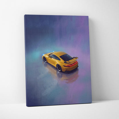 Porsche 911 GT3 inspired vibrant yellow sports car wall art canvas print with neon accents on purple blue gradient background
