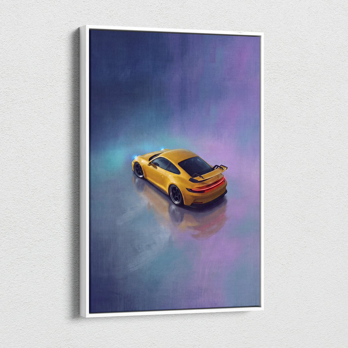 A vibrant yellow Porsche 911 GT3 inspired sports car in a stylized glowing canvas painting print for wall art