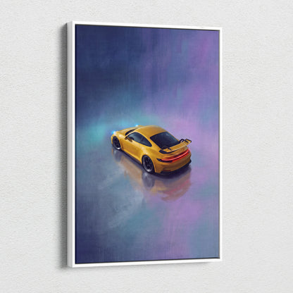 A vibrant yellow Porsche 911 GT3 inspired sports car in a stylized glowing canvas painting print for wall art
